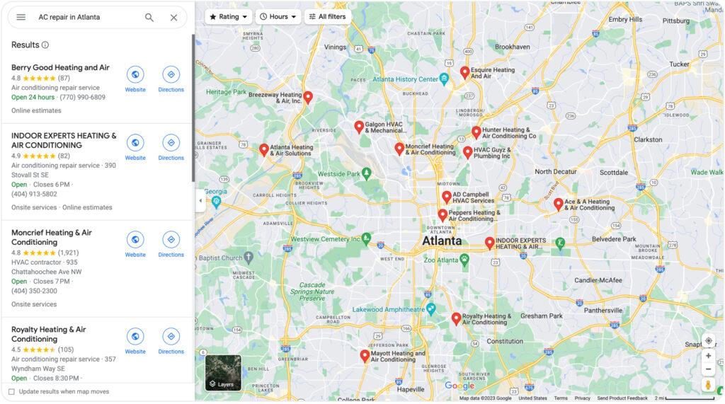 Google maps AC repair in Atlanta
