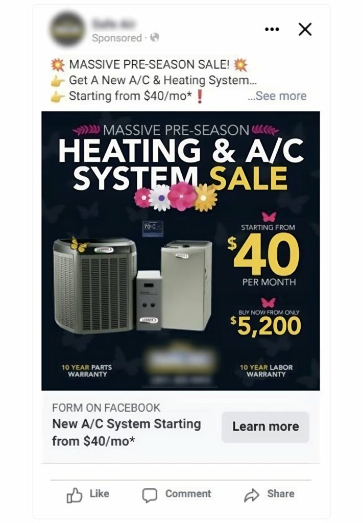 Example of Heating and AC System Sponsored Ad