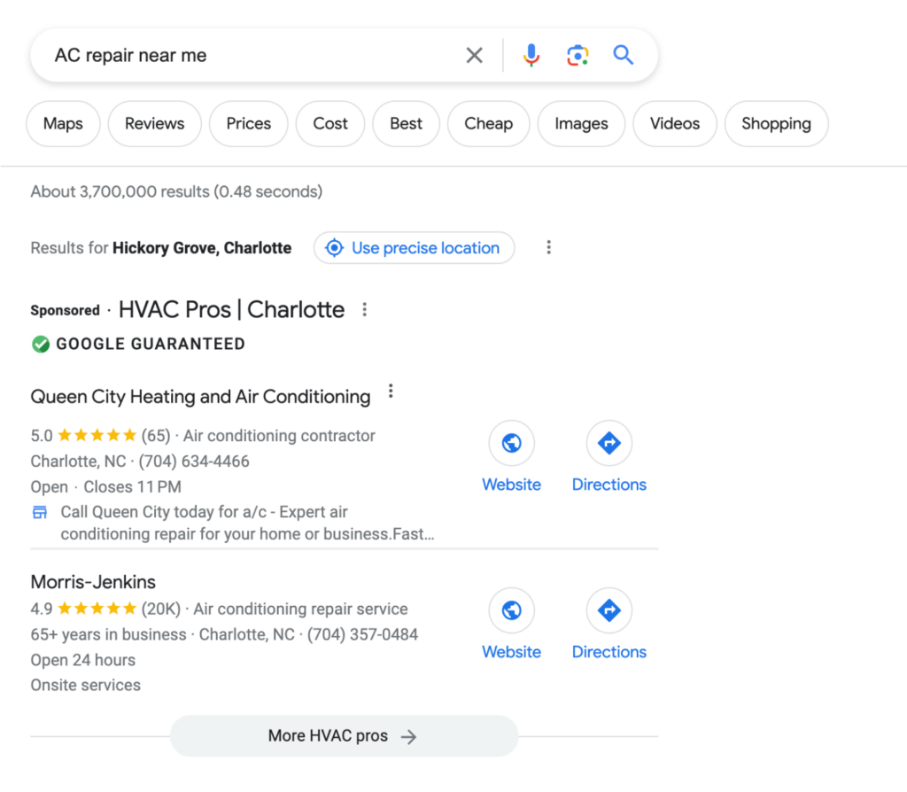 Searching AC Repair Near Me in Google