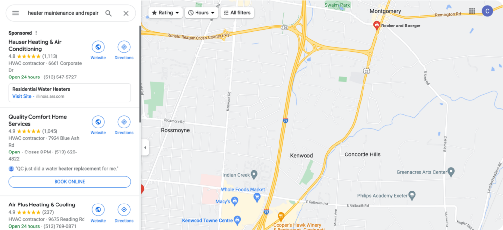 Searching Heater Maintenace in Google Map