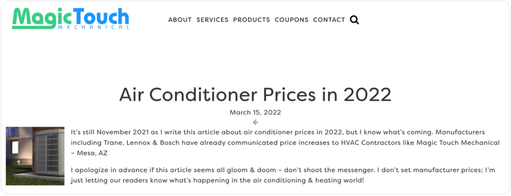 Magic Touch Air Conditioner Prices Blog Post