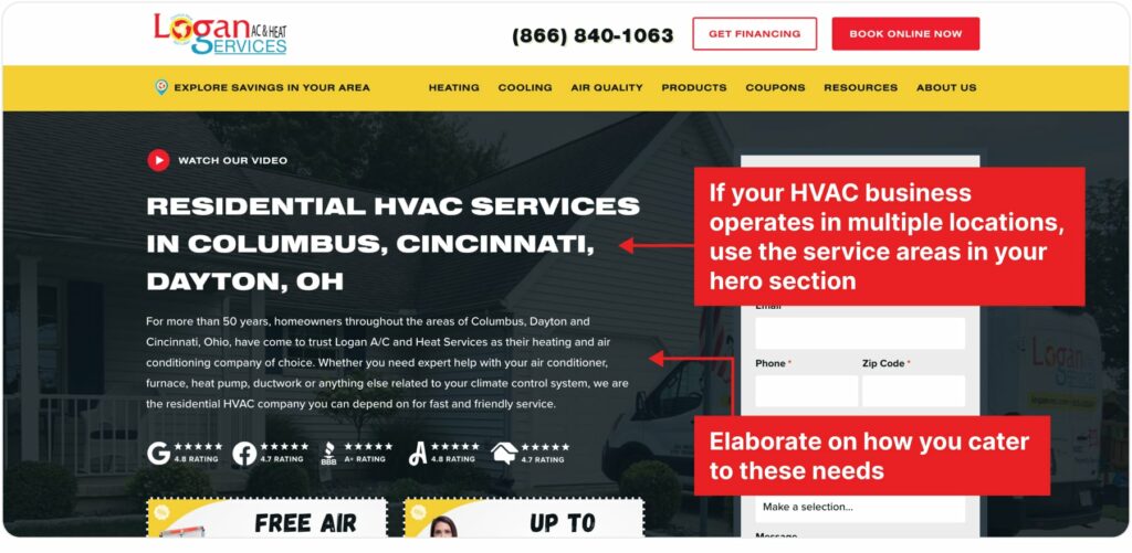 Homepage Service Areas on Hero
