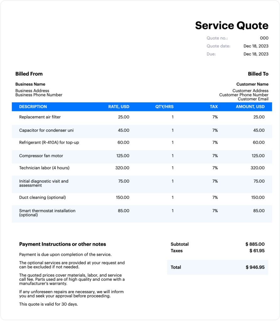 Hvac Service Quote