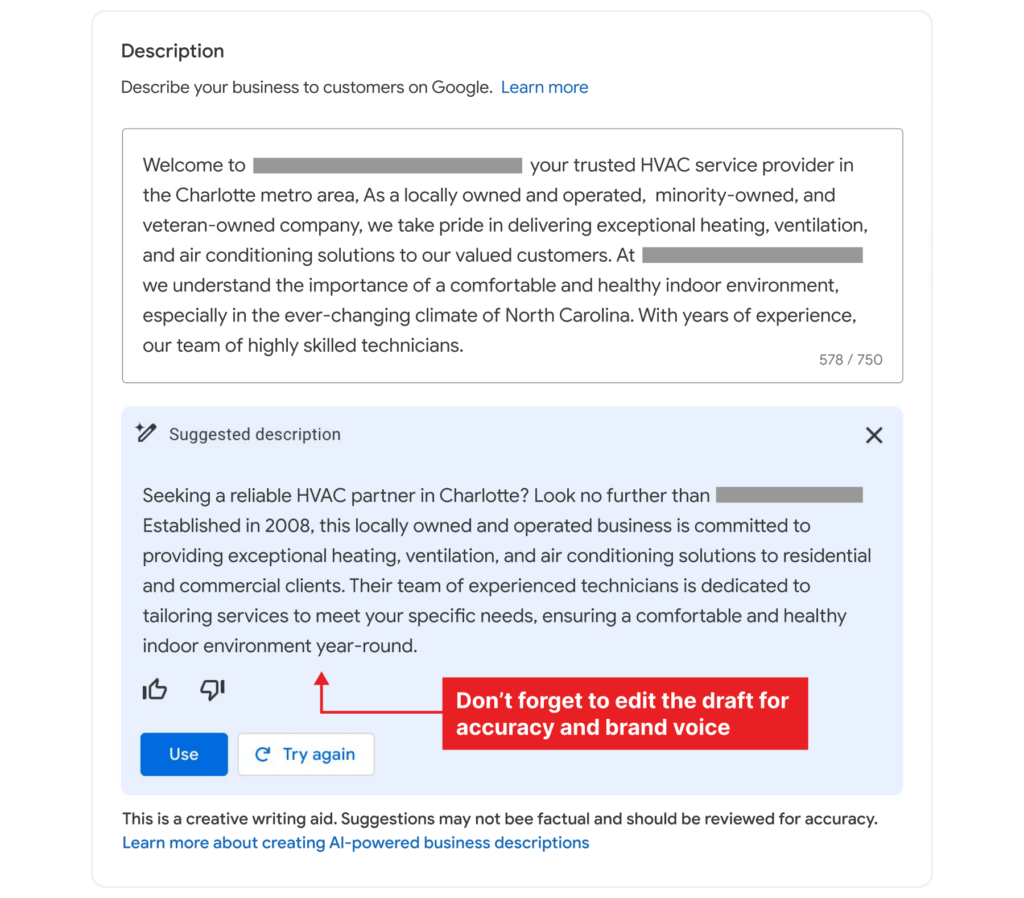Google generative-AI feature for writing business descriptions