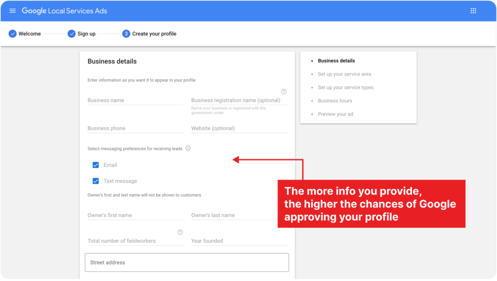 Google Local Services Business Details