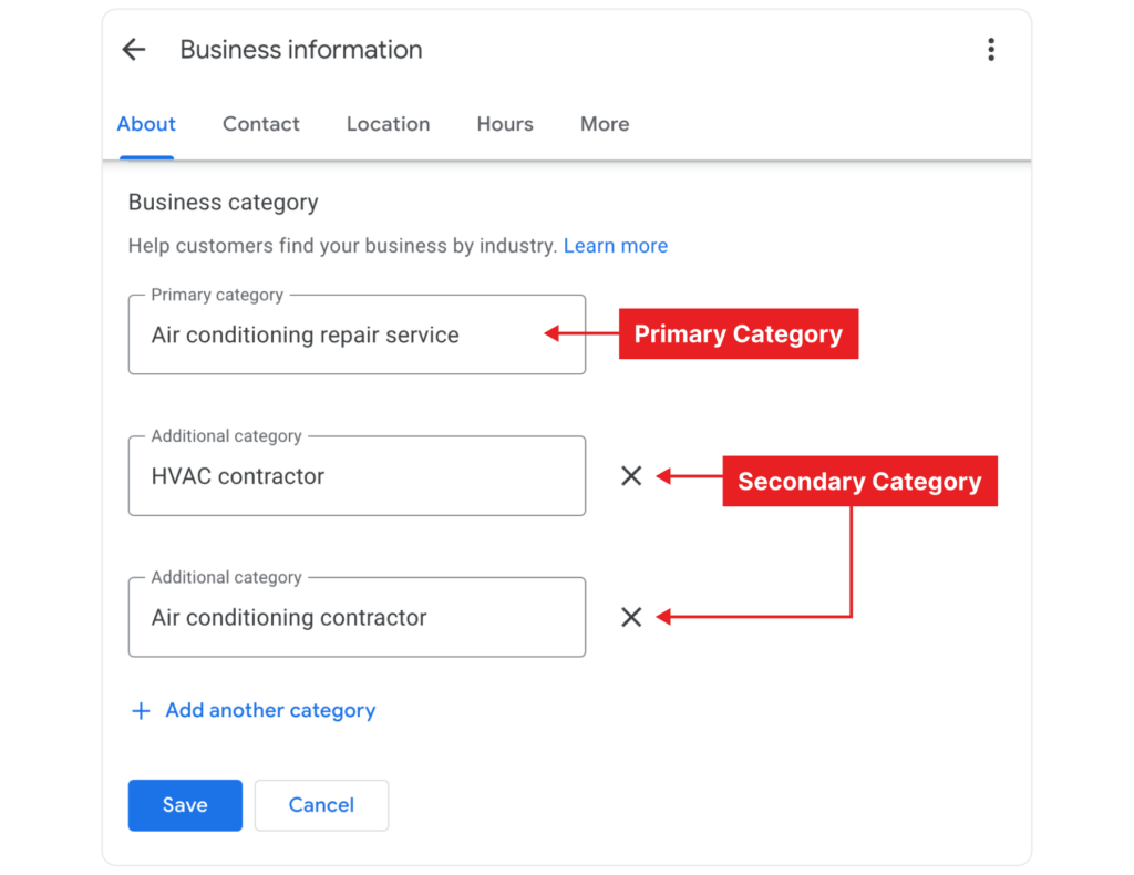 screenshot showing primary and secondary GBP categories that you can optimize to rank on Google Maps