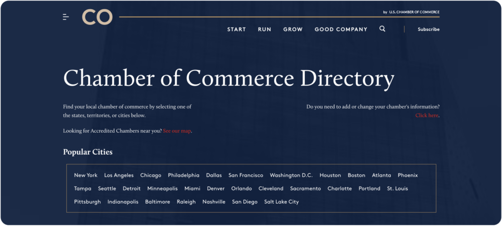 Lokal - screenshot showing the Chamber of Commerce homepage, which you can register with build backlinks 