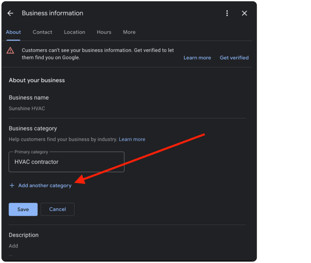 Lokal - screenshot showing the steps to add an extra business category for local SEO