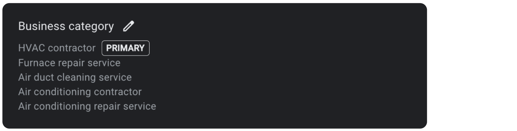 Lokal - screenshot showing additional HVAC business categories you could optimize for local SEO