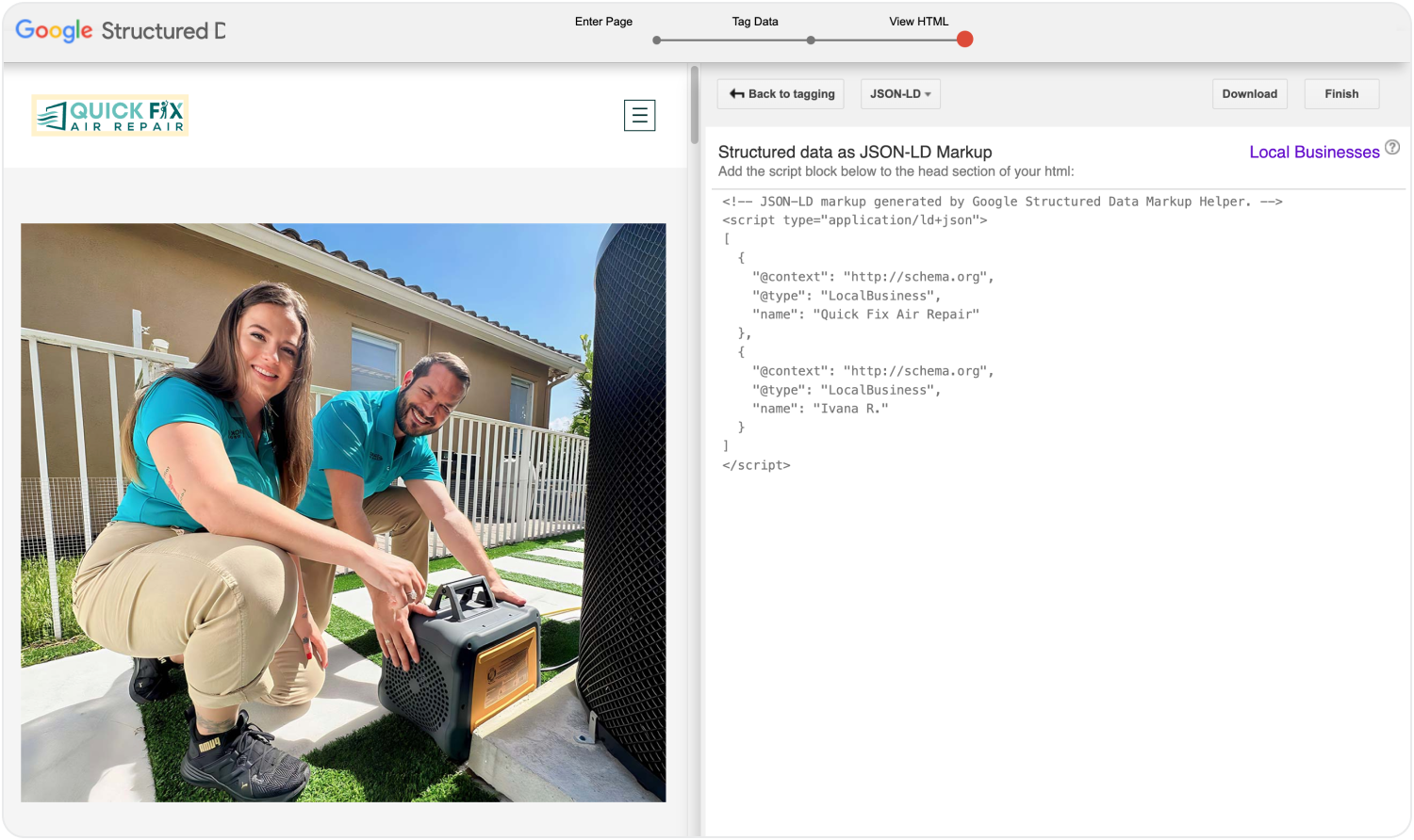 Lokal - screenshot showing how to mark up schema for local search