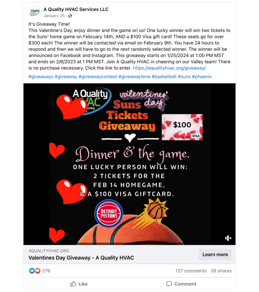 quality HVAC services giveaway facebook ad