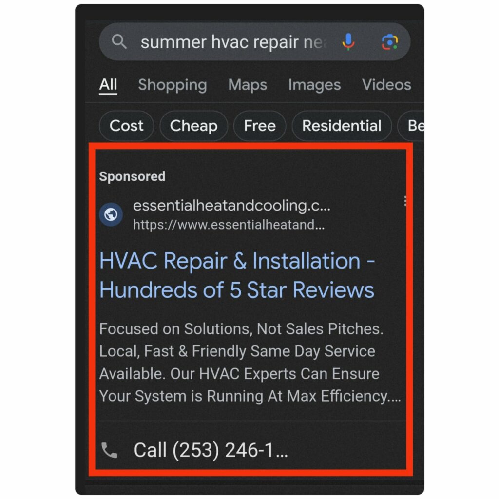 Essential Heat and Cooling Google ad showing meta description less than 160 characters 