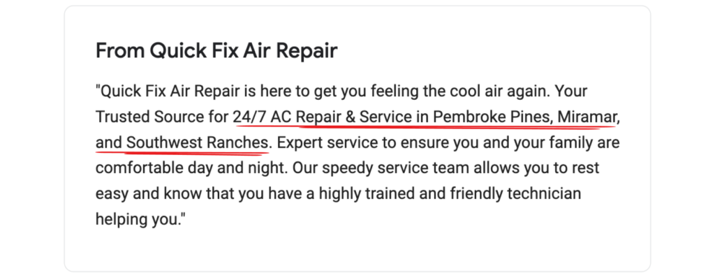 Google my Business Quick Fix Air about description example