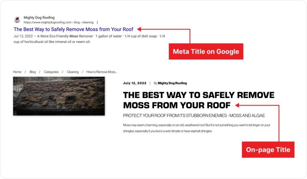 Mighty Dog marketing strategy Google search meta and on page title examples
