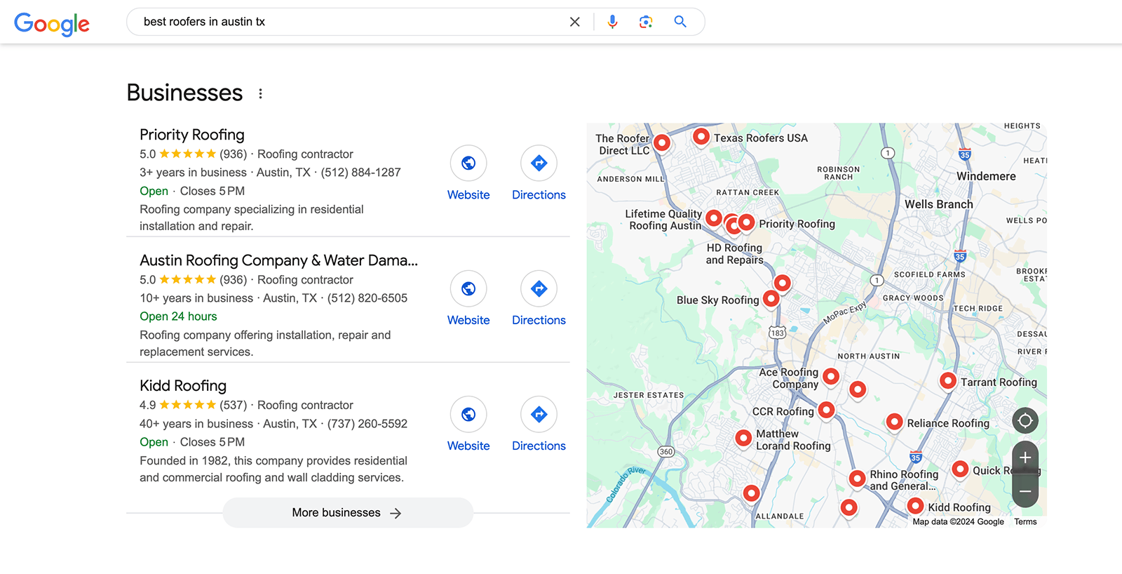 best roofers in Austin TX google search page screenshot