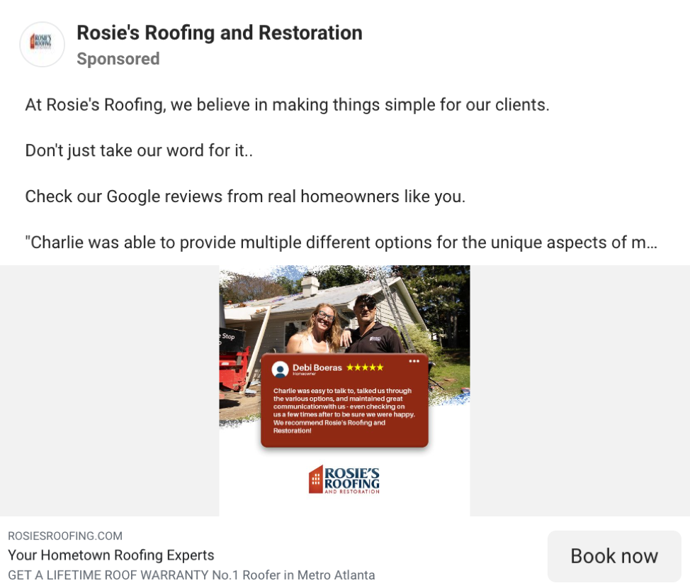 a screenshot of a Rosie Roofing facebook ad