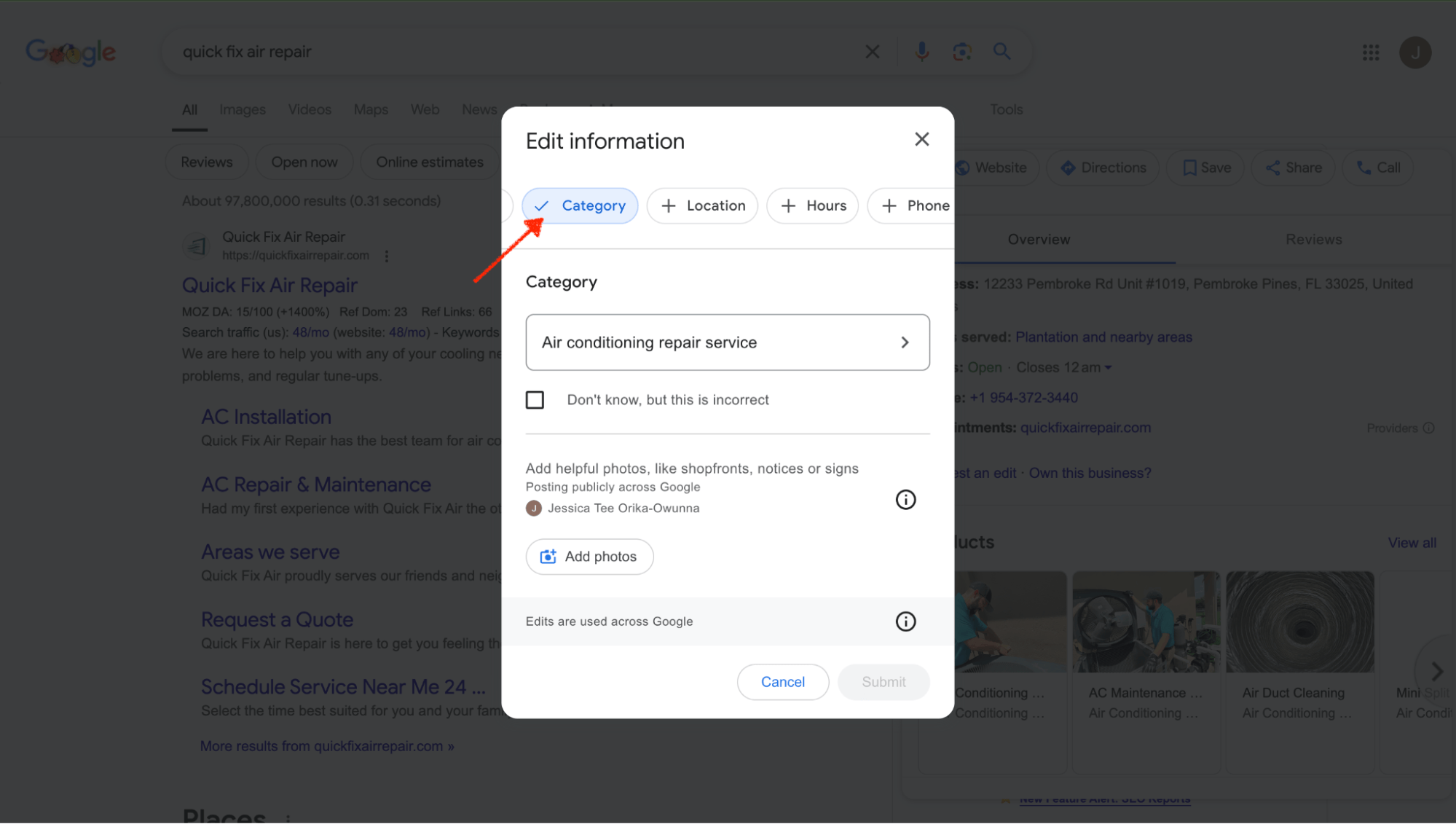 Edit categories Google section