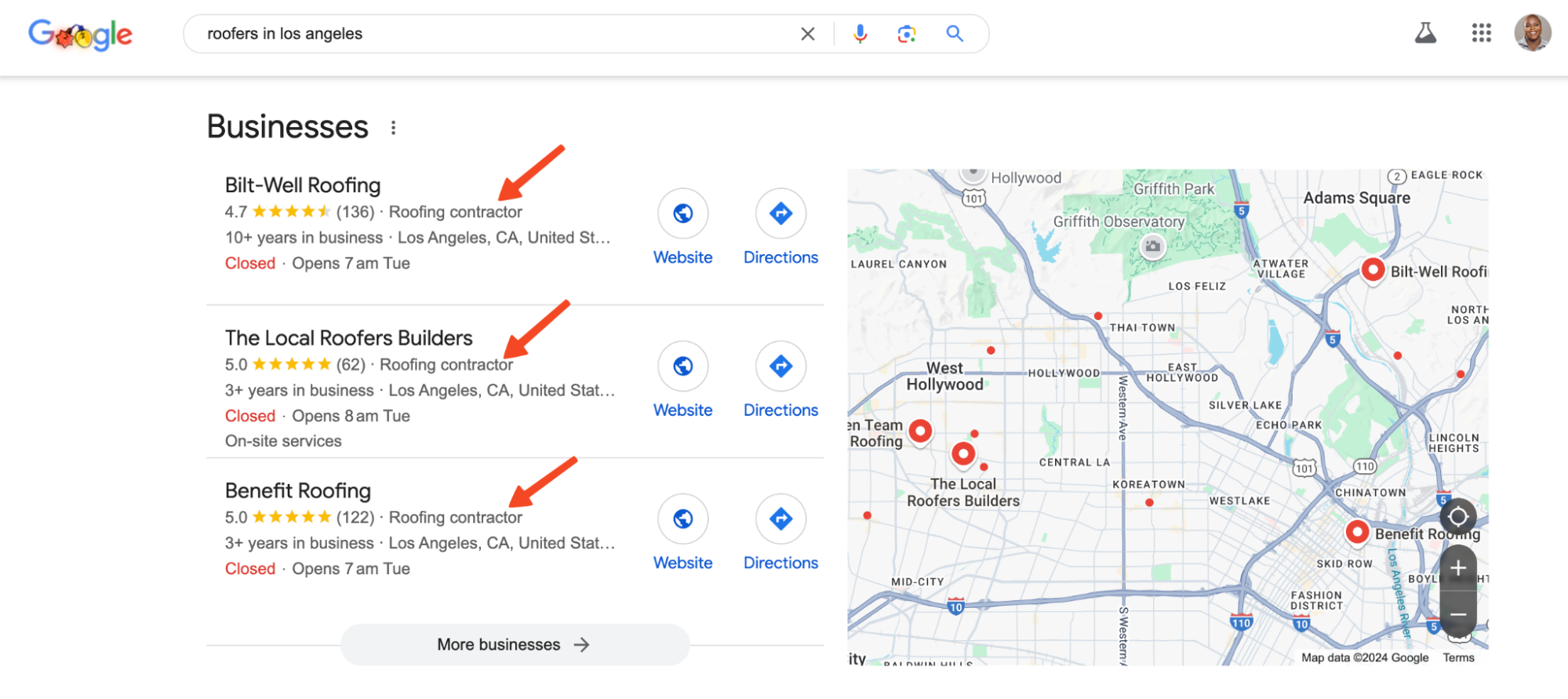 Google roofers in Los Angeles search