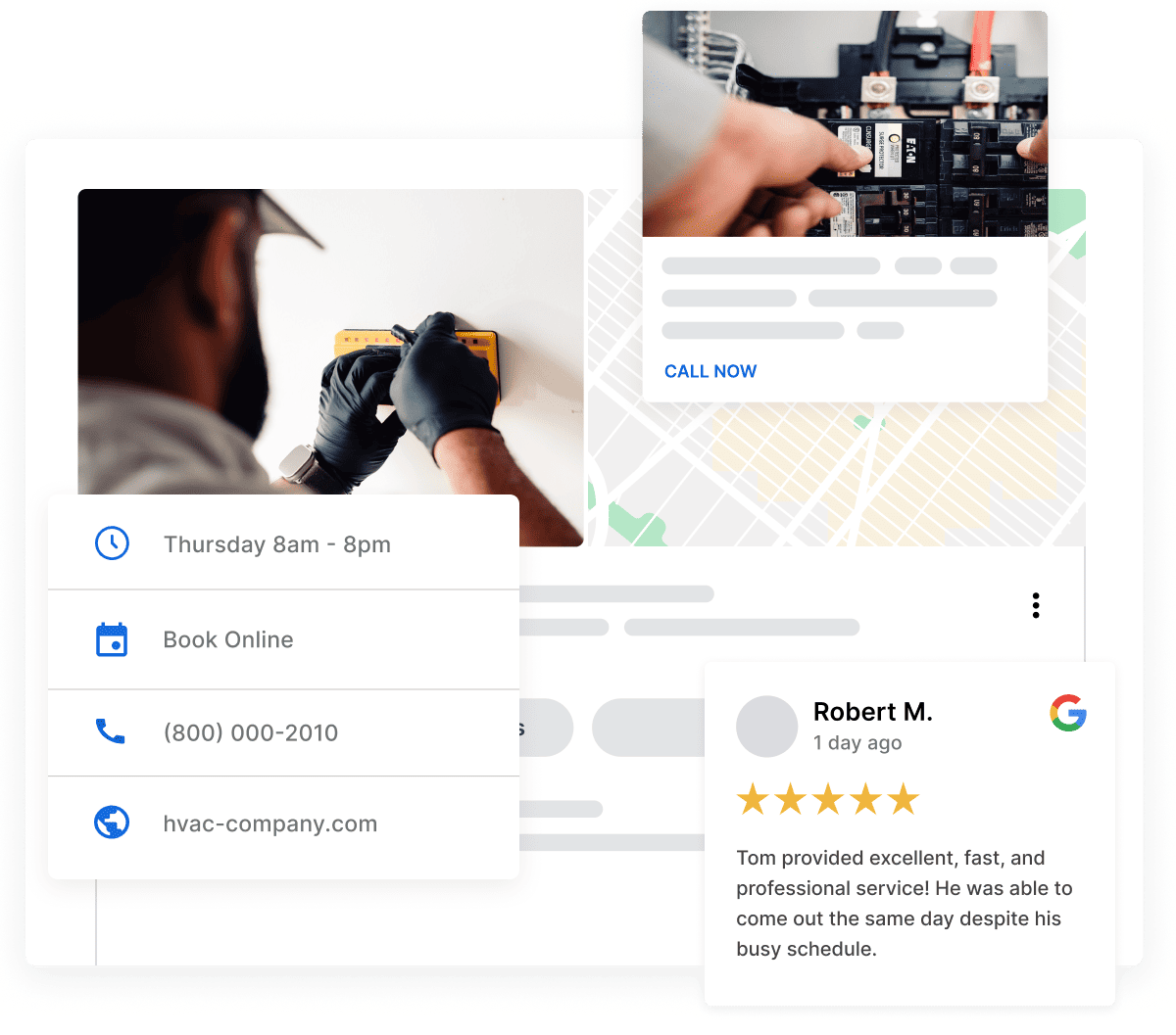 A graphic showing an electrical company's Google Business Profile with business hours, online booking, phone number, website, a local map listing, and a five-star Google review